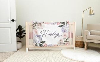 Pink and Purple Hydrangea Girl Blanket, Hydrangea Floral Crib Bedding, Personalized Baby Blanket, Floral Nursery Theme - Thegiftio UK