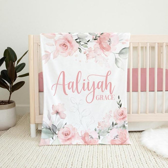 Pink Rose Girl Blanket, Rose Floral Nursery Blanket, Personalized Baby Blanket, Floral Nursery Theme - Thegiftio UK