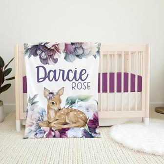 Purple Floral Deer Blanket, Woodland Nursery Baby Blanket, Forest Animal Baby Blanket - Thegiftio UK