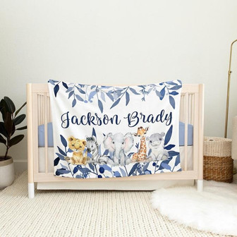 Safari Blanket, Safari Nursery Blanket, Personalized Baby Blanket, Blue Safari Nursery Theme, Lion, Elephant, Giraffe, Hippo - Thegiftio
