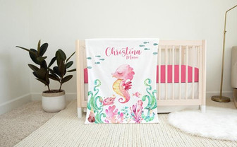 Sea Horse Blanket, Personalized Sea Life Baby Blanket, Under The Sea Baby Blanket, Girl Nursery Blanket, Ocean Life Baby Blanket - Thegiftio UK