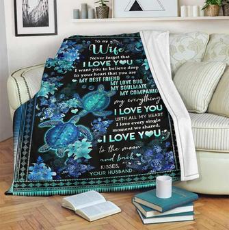 Sea Turtle To My Wife Fleece Blanket, I Love To The Moon and Back Gift For Wife From Husband Birthday Gift Home Decor - Thegiftio UK