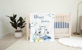 Shark Blanket, Personalized Sea Life Baby Blanket, Shark Baby Blanket, Boy Nursery Blanket, Ocean Life Baby Blanket - Thegiftio