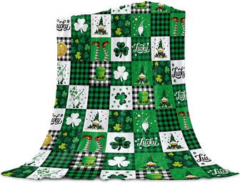 St. Patrick's Day Flannel Blanket, Gnome Lucky Clover Shamrocks Green Plaid Fleece Blanket - Thegiftio UK