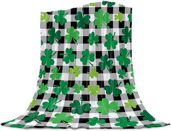 St. Patrick's Day Flannel Blanket, Lucky Shamrocks Black White Buffalo Plaid Fleece Blanket - Thegiftio UK