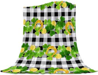 St. Patrick's Day Lucky Clover Blanket, Black White Buffalo Plaid Shamrock Blankets - Thegiftio UK