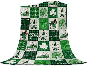 St. Patrick's Day Shamrock Fleece Throw Blankets Lucky Clover Gnome Truck Green Plaid Blanket - Thegiftio UK