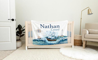 Tall Ship Ocean Blanket, Personalized Baby Blanket, Sea Nursery Theme - Thegiftio