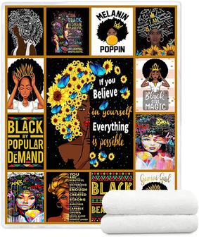 Throw Blanket Sunflowers African Black Girl Flannel Fleece Blanket, African American Blanket for Couch Bed Sofa Office Travel - Thegiftio UK