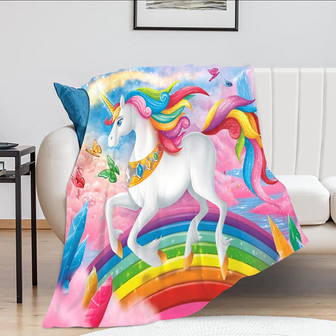 Unicorn Blanket for Girls Cute Cartoon Unicorn Rainbow Pattern Throw Blanket for Kids - Thegiftio