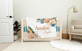 Vintage Floral Nursery Baby Blanket, Boho Floral Baby Blanket, Blue Butterfly Blanket - Thegiftio