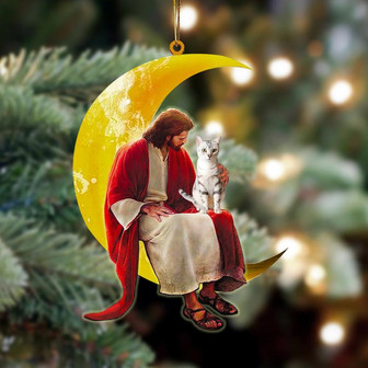 American Shorthair And Jesus Sitting On The Moon Hanging Ornament, Car Ornament, Christmas Ornament - Thegiftio UK