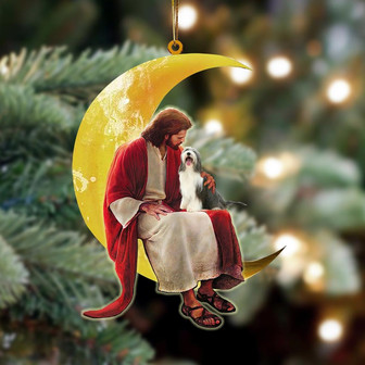 Bearded Collie And Jesus Sitting On The Moon Hanging Ornament Dog Ornament, Car Ornament, Christmas Ornament - Thegiftio UK