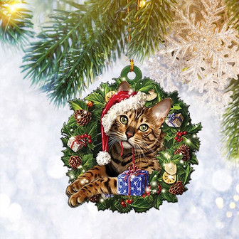Bengal Cat Christmas Wreath Ornament Flat 2D, Pet Cat Lover Gifts, Christmas Tree Ornament, Home Decor Plastic Ornament - Thegiftio