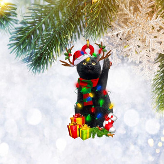 Black Cat Christmas Reindeer Ornament Flat 2D, Pet Cat Lover Gifts, Christmas Tree Ornament, Home Decor Plastic Ornament - Thegiftio