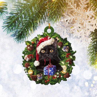 Black Cat Christmas Wreath Ornament Flat 2D, Pet Cat Lover Gifts, Christmas Tree Ornament, Home Decor Plastic Ornament - Thegiftio