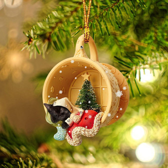 Black Cat Sleeping in a tiny cup Christmas Holiday-Two Sided Ornament, Christmas Ornament, Car Ornament - Thegiftio