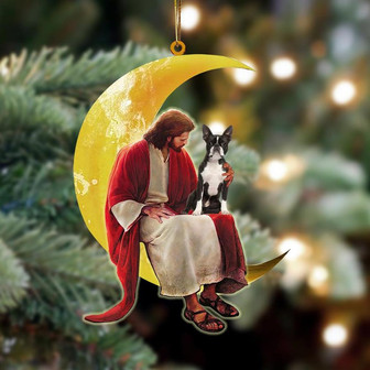 Boston Terrier And Jesus Sitting On The Moon Hanging Ornament Dog Ornament, Car Ornament, Christmas Ornament - Thegiftio UK