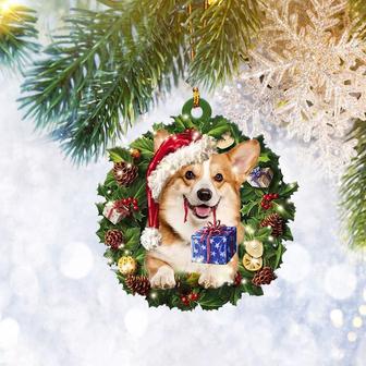 Corgi Wearing Christmas Wreath Flat Ornament, Dog Pet Lover Gifts, Christmas Tree Ornament, Home Decor Plastic Ornament - Thegiftio UK