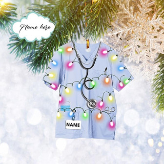Custom Nurse Scrub Uniform With Christmas Light Flat 2D Ornament, Christmas Tree Ornament, Home Decor Plastic Ornament - Thegiftio UK