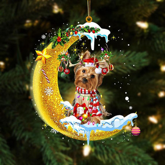 Golden Yorkshire Terrier On The Moon Merry Christmas Hanging Ornament, Car Ornament, Christmas Ornament - Thegiftio UK
