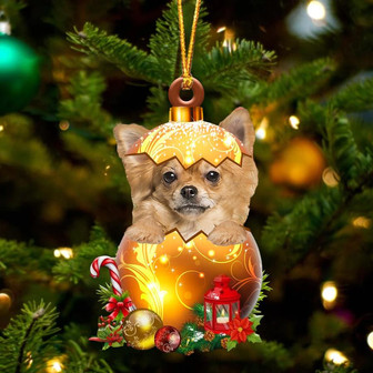 Long haired Tan Chihuahua. In Golden Egg Christmas Ornament - Thegiftio UK