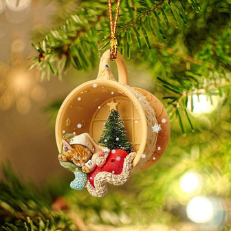 Maine Coon Sleeping in a tiny cup Christmas Holiday - One Sided Ornament, Car Ornament, Christmas Ornament - Thegiftio UK