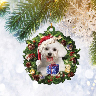 Maltese Christmas Wreath Flat 2D Ornament, Dog Pet Lover Gifts, Christmas Tree Ornament, Home Decor Plastic Ornament - Thegiftio UK