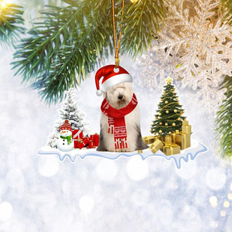 Old English Sheep Dog Santa Pine Tree Ornament Flat 2D, Christmas Tree Ornament Gifts, Home Decor Plastic Ornament - Thegiftio UK