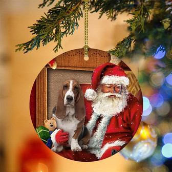 Ornament- Basset Hound With Santa Christmas Ornament, Happy Christmas Ornament, Car Ornament - Thegiftio UK