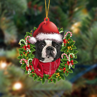 Ornament- BLACK Boston Terrier-Xmas Bandana Hanging Ornament, Happy Christmas Ornament, Car Ornament - Thegiftio UK