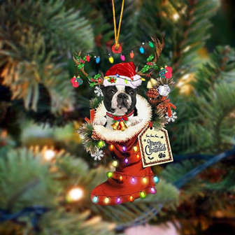 Ornament- BLACK Boston Terrier-Xmas Boot-Two Sided Ornament, Happy Christmas Ornament, Car Ornament - Thegiftio UK