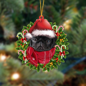 Ornament- BLACK Pug 1-Xmas Bandana Hanging Ornament, Happy Christmas Ornament, Car Ornament - Thegiftio UK