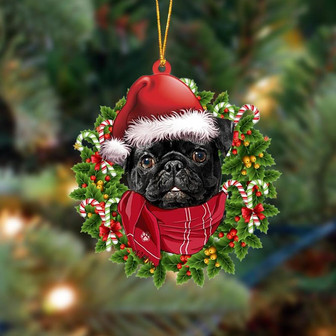 Ornament- BLACK Pug-Xmas Bandana Hanging Ornament, Happy Christmas Ornament, Car Ornament - Thegiftio UK
