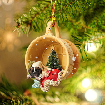 Ornament- Boxer Sleeping in a tiny cup Christmas Holiday-Two Sided Ornament, Christmas Ornament, Car Ornament - Thegiftio UK