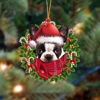 Ornament- BRINDLE Boston Terrier-Xmas Bandana Hanging Ornament, Happy Christmas Ornament, Car Ornament - Thegiftio UK