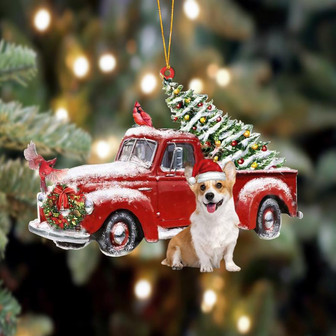 Ornament- Corgi 2-Cardinal & Truck Two Sided Ornament, Happy Christmas Ornament, Car Ornament - Thegiftio UK