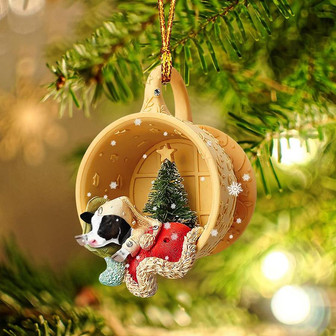 Ornament- Cow Sleeping in a tiny cup Christmas Holiday-Two Sided Ornament, Christmas Ornament, Car Ornament - Thegiftio UK