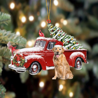 Ornament- Golden Retriever 3-Cardinal & Truck Two Sided Ornament, Happy Christmas Ornament, Car Ornament - Thegiftio UK