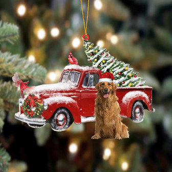Ornament- Golden Retriever 4-Cardinal & Truck Two Sided Ornament, Happy Christmas Ornament, Car Ornament - Thegiftio UK