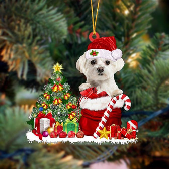 Ornament- Maltese Gift Bag Merry Christmas Ornament Dog Ornament, Car Ornament, Christmas Ornament - Thegiftio UK