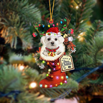 Ornament- WHITE Maltese-Xmas Boot-Two Sided Ornament, Happy Christmas Ornament, Car Ornament - Thegiftio UK