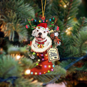 Ornament- WHITE Pitbulll-Xmas Boot-Two Sided Ornament, Happy Christmas Ornament, Car Ornament - Thegiftio UK