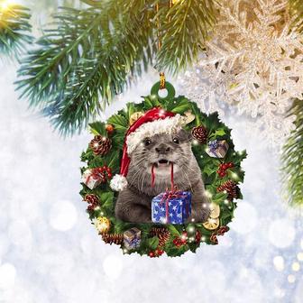 Otter Christmas Wreath Flat 2D Ornament, Animal Lover Gifts, Christmas Tree Ornament, Home Decor Plastic Ornament - Thegiftio UK