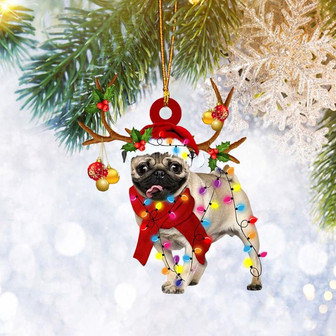 Pug Christmas Light Hat Reindeer Flat 2D Ornament, Dog Lover Gifts, Christmas Tree Ornament, Home Decor Plastic Ornament - Thegiftio