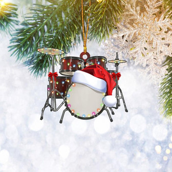 Red Drum Kit Set Santa Hat Christmas Light Flat 2D Ornament, Christmas Tree Ornament, Home Decor Plastic Ornament - Thegiftio UK