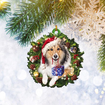 Sheltie Wearing Christmas Wreath Flat 2D Ornament, Dog Lover Gifts, Christmas Tree Ornament, Home Decor Plastic Ornament - Thegiftio
