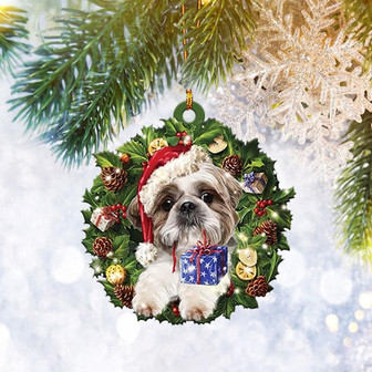 Shih Tzu Christmas Wreath Ornament Flat 2D, Pet Cat Lover Gifts, Christmas Tree Ornament, Home Decor Plastic Ornament - Thegiftio