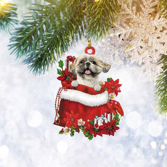 Shih Tzu Santa Christmas Gift Bag Flat 2D Ornament, Dog Lover Gifts, Christmas Tree Ornament, Home Decor - Thegiftio