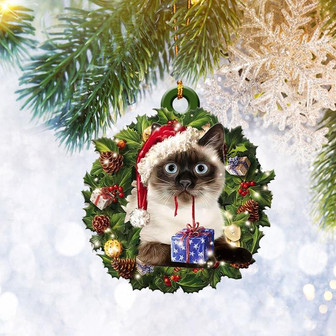 Siamese Cat Christmas Wreath Ornament Flat 2D, Pet Cat Lover Gifts, Christmas Tree Ornament, Home Decor Plastic Ornament - Thegiftio